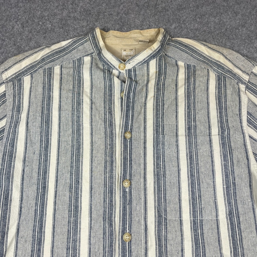 VTG 80s On The Brink Shirt Mens XL Blue Striped Linen Cotton Band Collar H. Kong